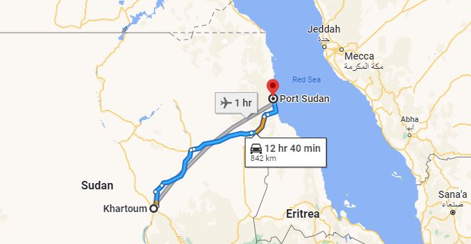 Map Route from Khartoum to Port Sudan